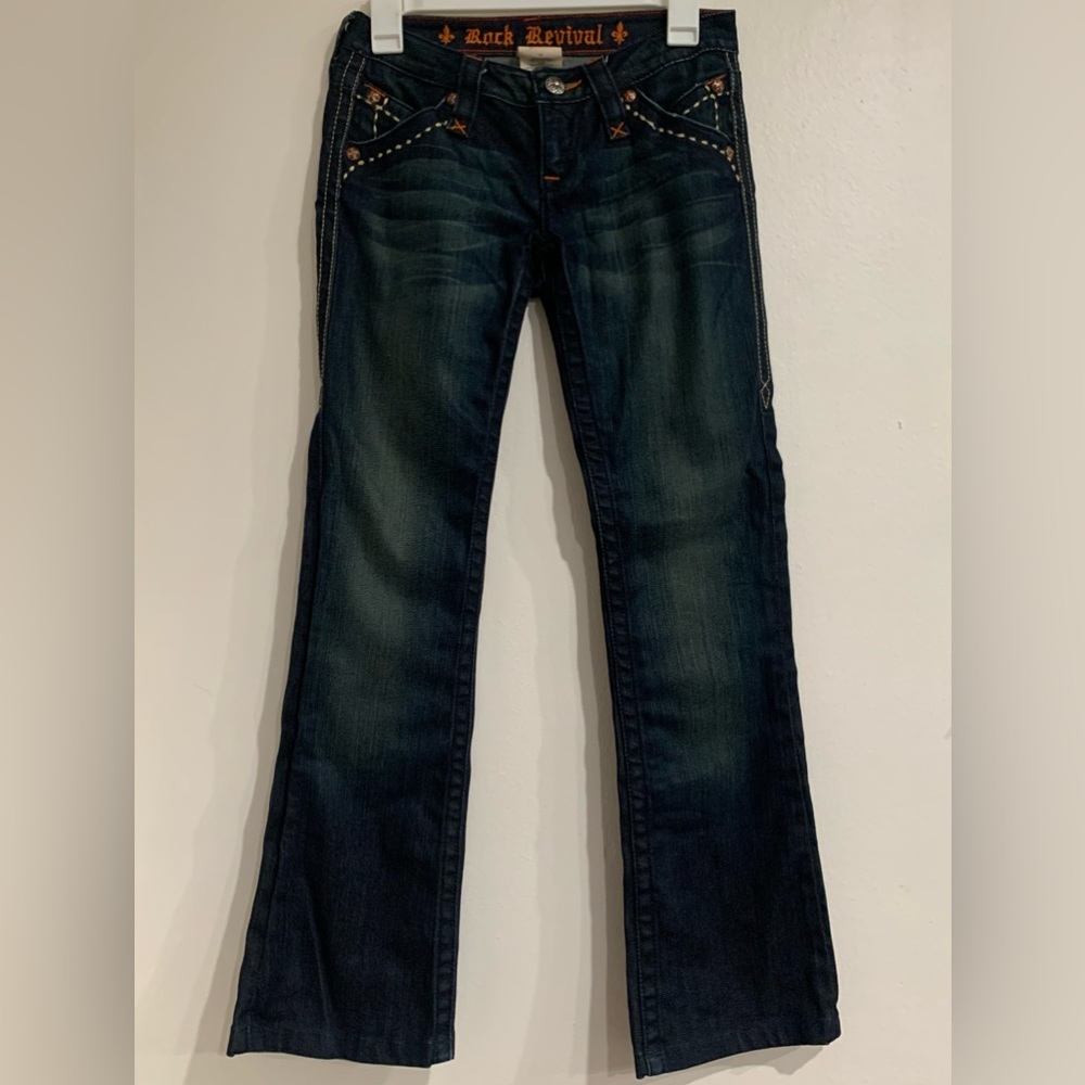 Rock Revival Boot cut Flap Pocket Jeans Size 25 Dark Wash Western Festival Boho